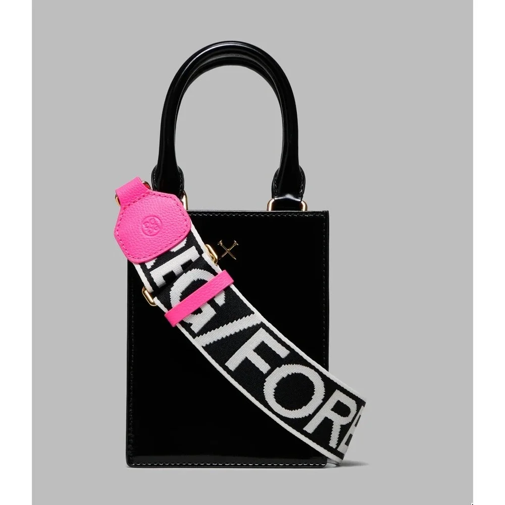 G/FORE Metal Tees Box Calf Leather Mini Tote Black Pink Crossbody Bag NWT Golf
